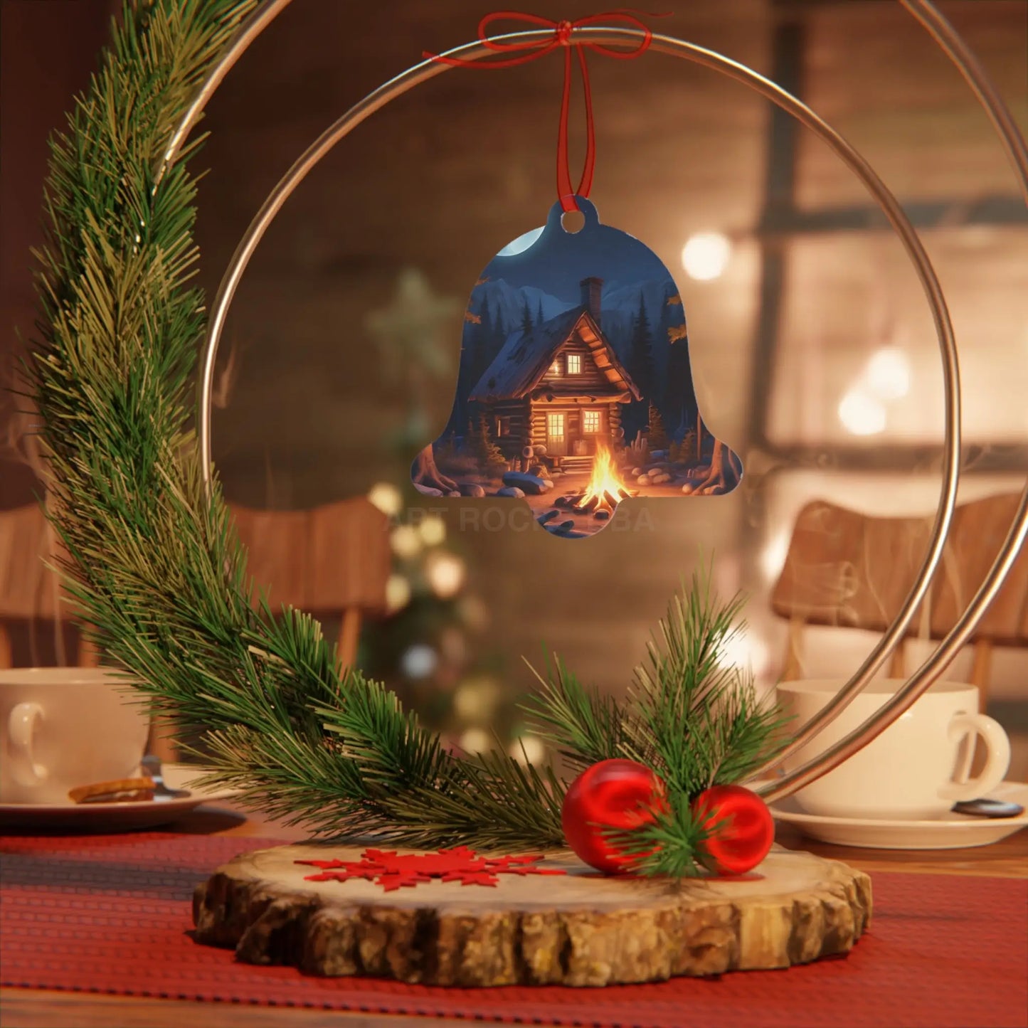 Cabin Night Metal Ornament — Cozy Campfire Lodge Holiday Decoration - Home Decor