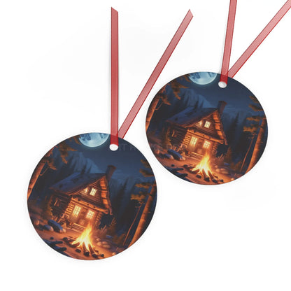 Cabin Night Metal Ornament — Cozy Campfire Lodge Holiday Decoration - Home Decor