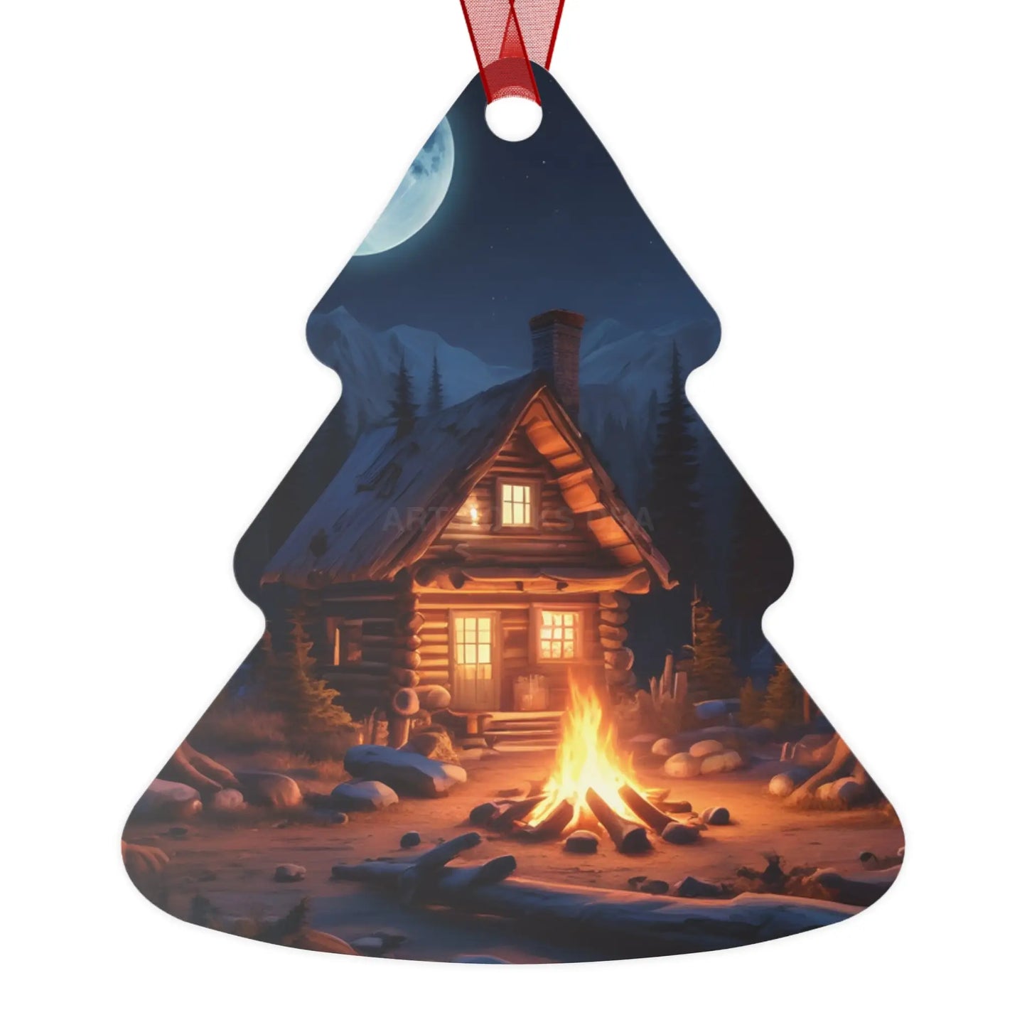 Cabin Night Metal Ornament — Cozy Campfire Lodge Holiday Decoration - Home Decor