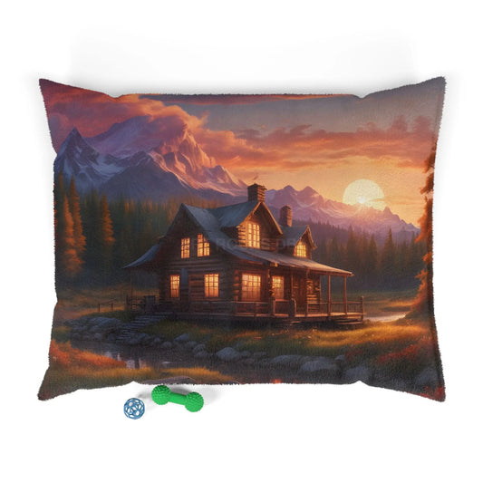 Cabin Sunset Pet Bed — Cozy Mountain Lodge Dog & Cat Bed - 50’’ × 40’’ - Pets