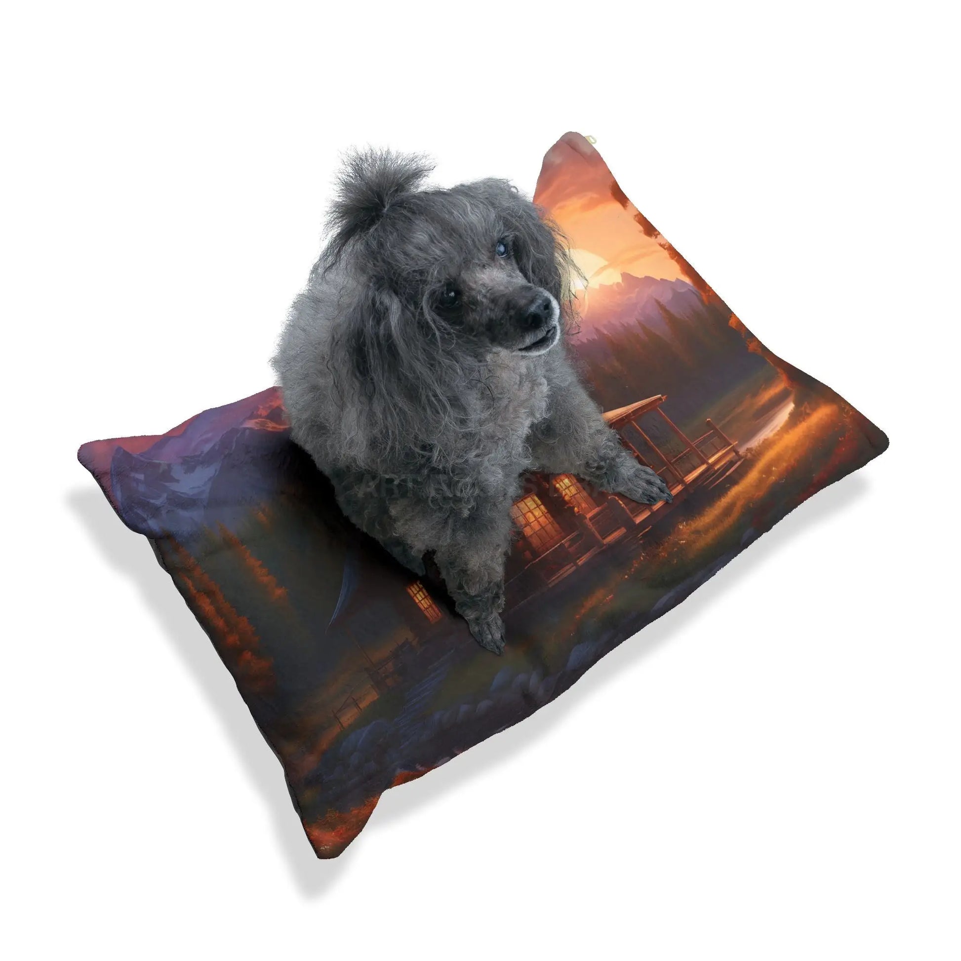 Cabin Sunset Pet Bed — Cozy Mountain Lodge Dog & Cat Bed - Pets