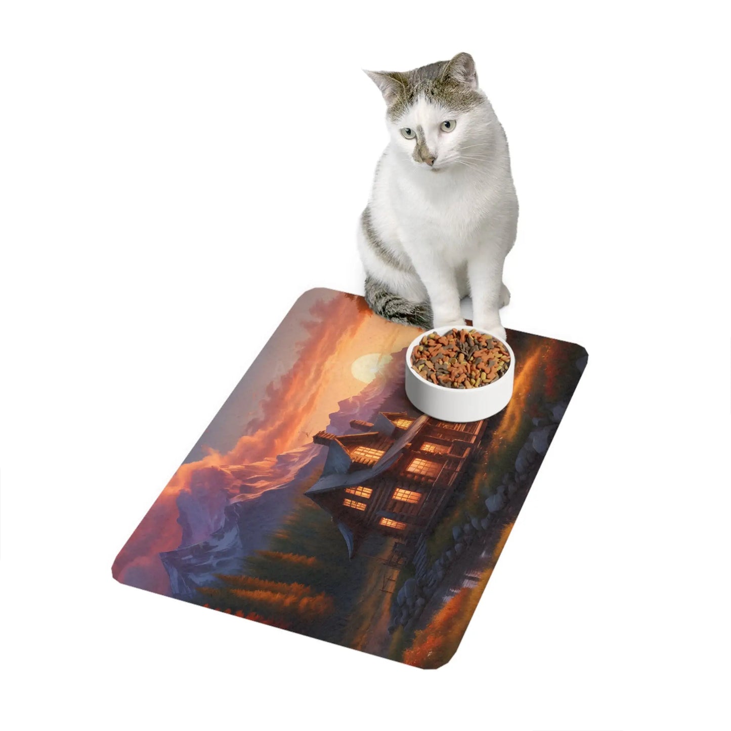 Cabin Sunset Pet Food Mat (12x18) — Rustic Mountain Dog & Cat Placemat - 12’’ × 18’’ / Rectangle - Pets