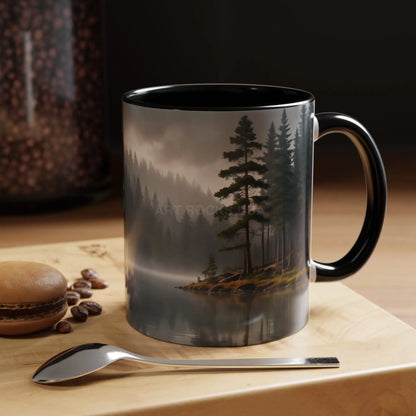 Calm Pine Lake Accent Coffee Mug — Moody Forest Morning 11/15oz - 11oz / Black - Mug