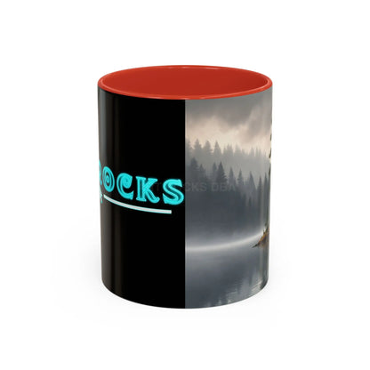 Calm Pine Lake Accent Coffee Mug — Moody Forest Morning 11/15oz - 11oz / Red - Mug