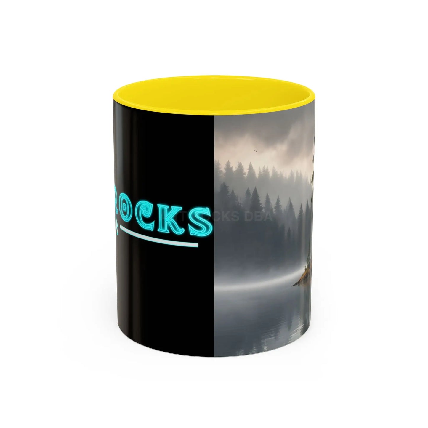Calm Pine Lake Accent Coffee Mug — Moody Forest Morning 11/15oz - 11oz / Yellow - Mug