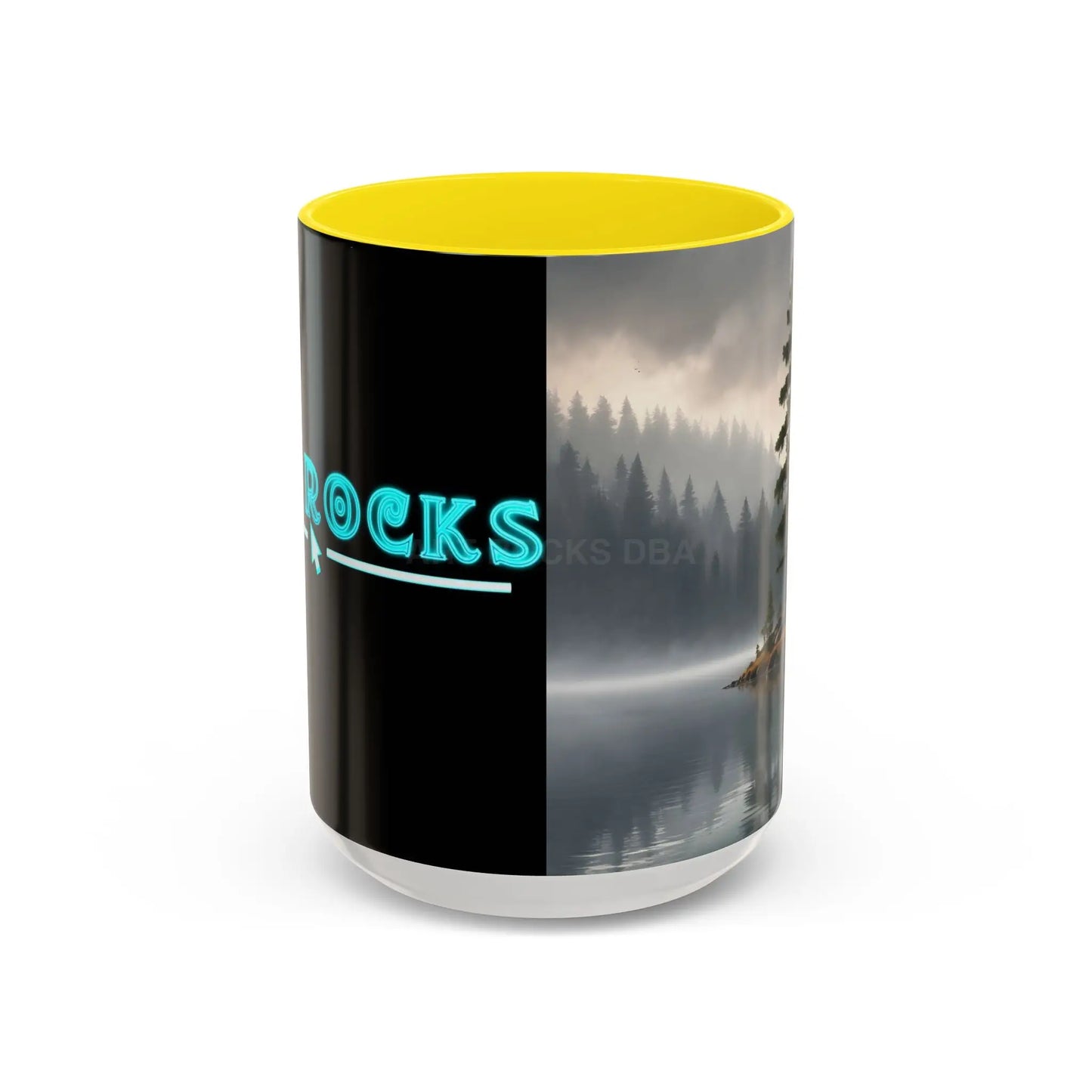 Calm Pine Lake Accent Coffee Mug — Moody Forest Morning 11/15oz - 15oz / Yellow - Mug