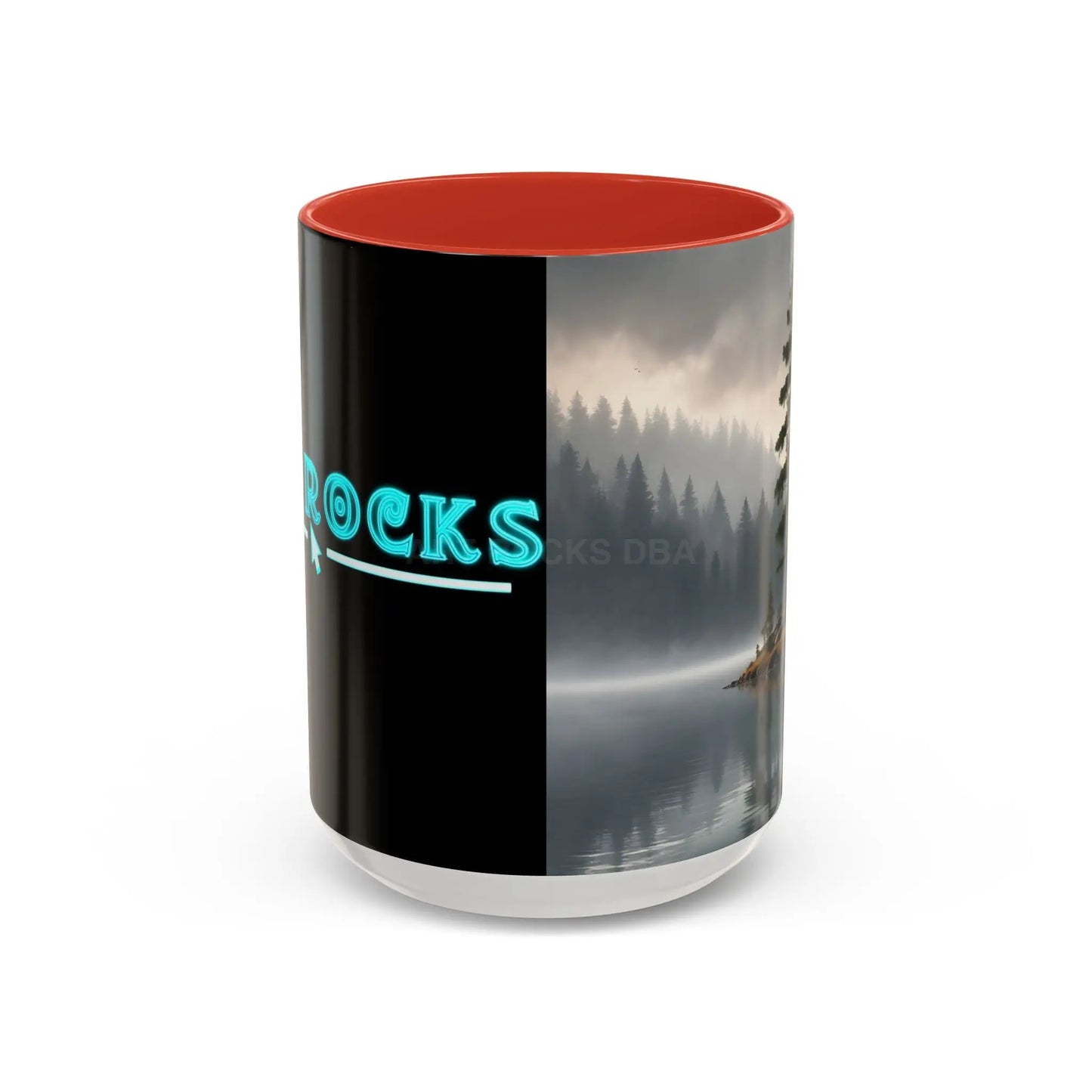 Calm Pine Lake Accent Coffee Mug — Moody Forest Morning 11/15oz - 15oz / Red - Mug