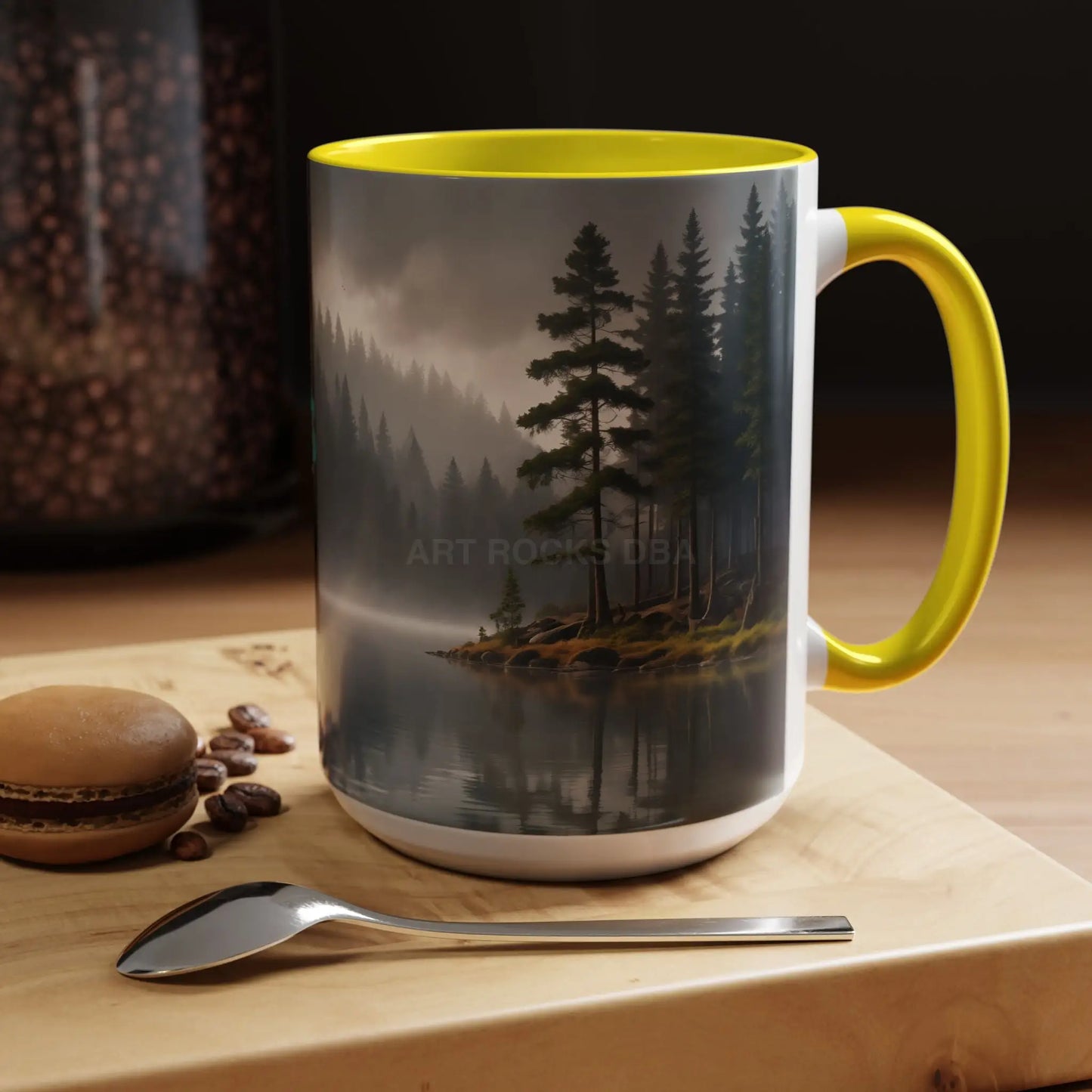 Calm Pine Lake Accent Coffee Mug — Moody Forest Morning 11/15oz - Mug