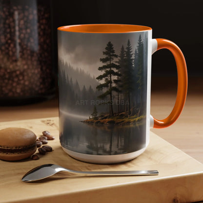 Calm Pine Lake Accent Coffee Mug — Moody Forest Morning 11/15oz - Mug