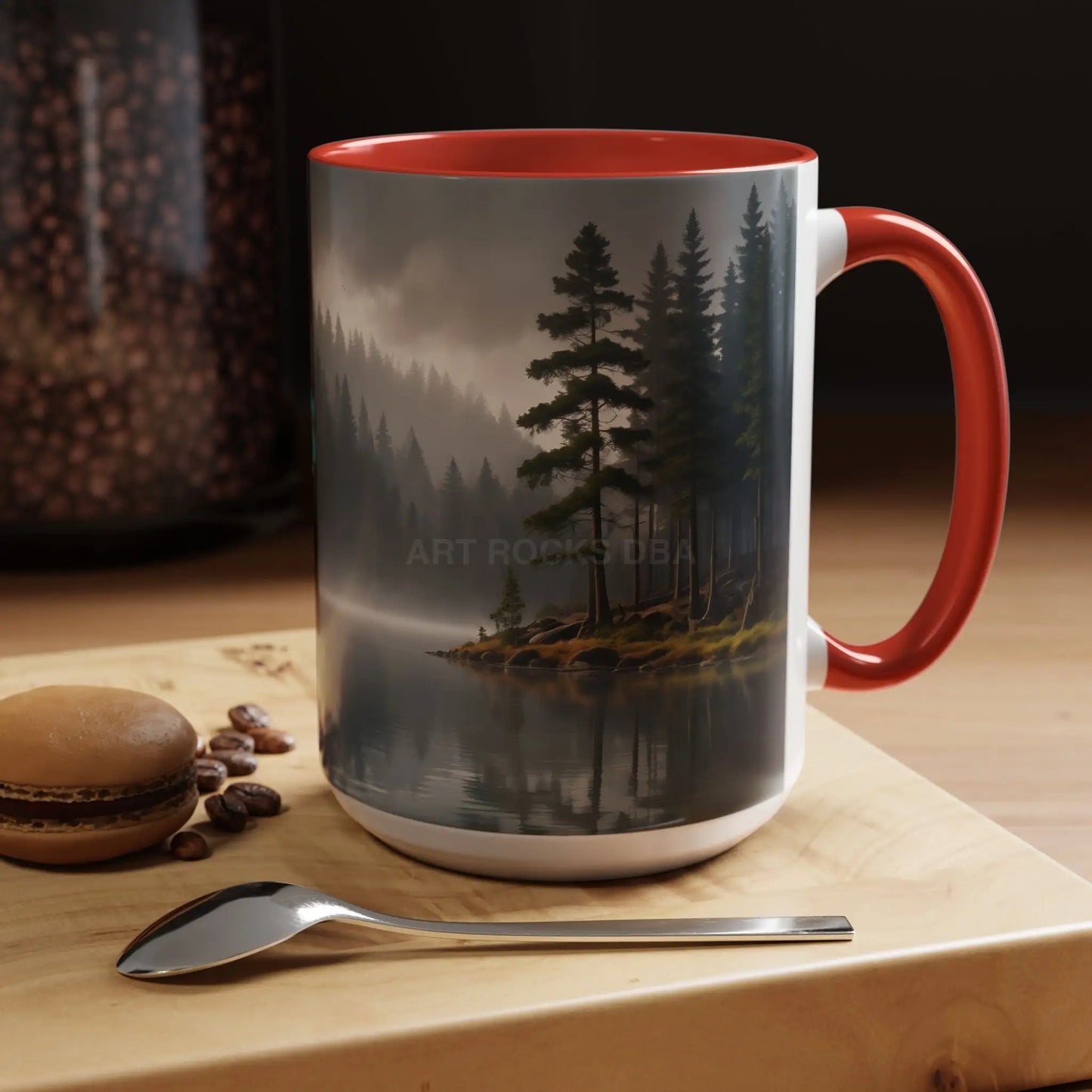 Calm Pine Lake Accent Coffee Mug — Moody Forest Morning 11/15oz - Mug