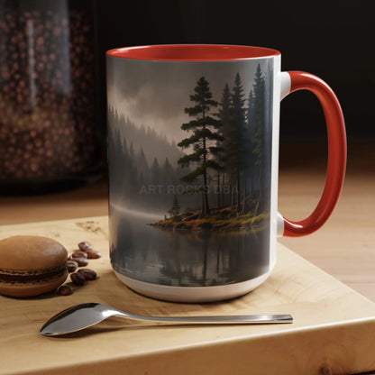 Calm Pine Lake Accent Coffee Mug — Moody Forest Morning 11/15oz - Mug