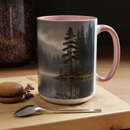 Calm Pine Lake Accent Coffee Mug — Moody Forest Morning 11/15oz - Mug