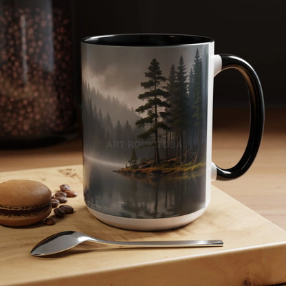 Calm Pine Lake Accent Coffee Mug — Moody Forest Morning 11/15oz - Mug