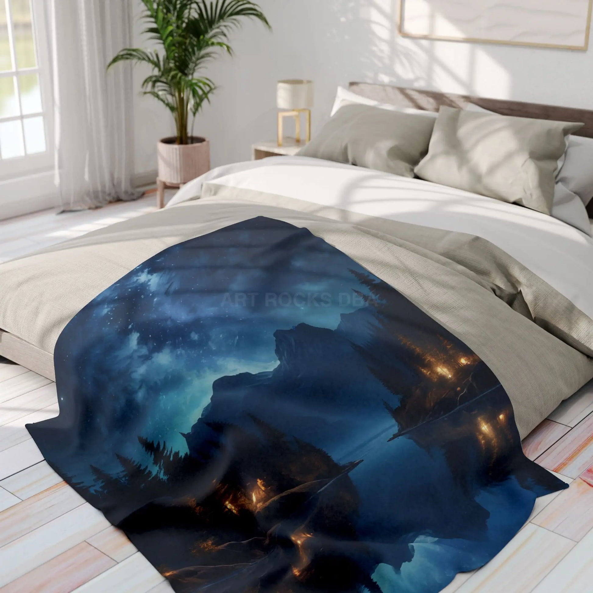 Camping Under the Night Sky Lake Reflection Fleece Blanket - Cozy Night Sky Landscape - Home Decor