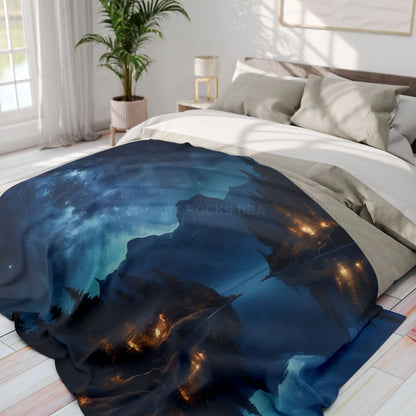 Camping Under the Night Sky Lake Reflection Fleece Blanket - Cozy Night Sky Landscape - Home Decor