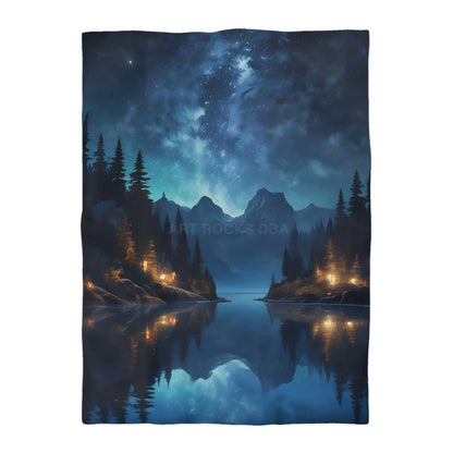 Camping Under the Night Sky Lake Reflection Microfiber Duvet Cover - Cozy Night Sky Design - Twin XL / Cream - Home