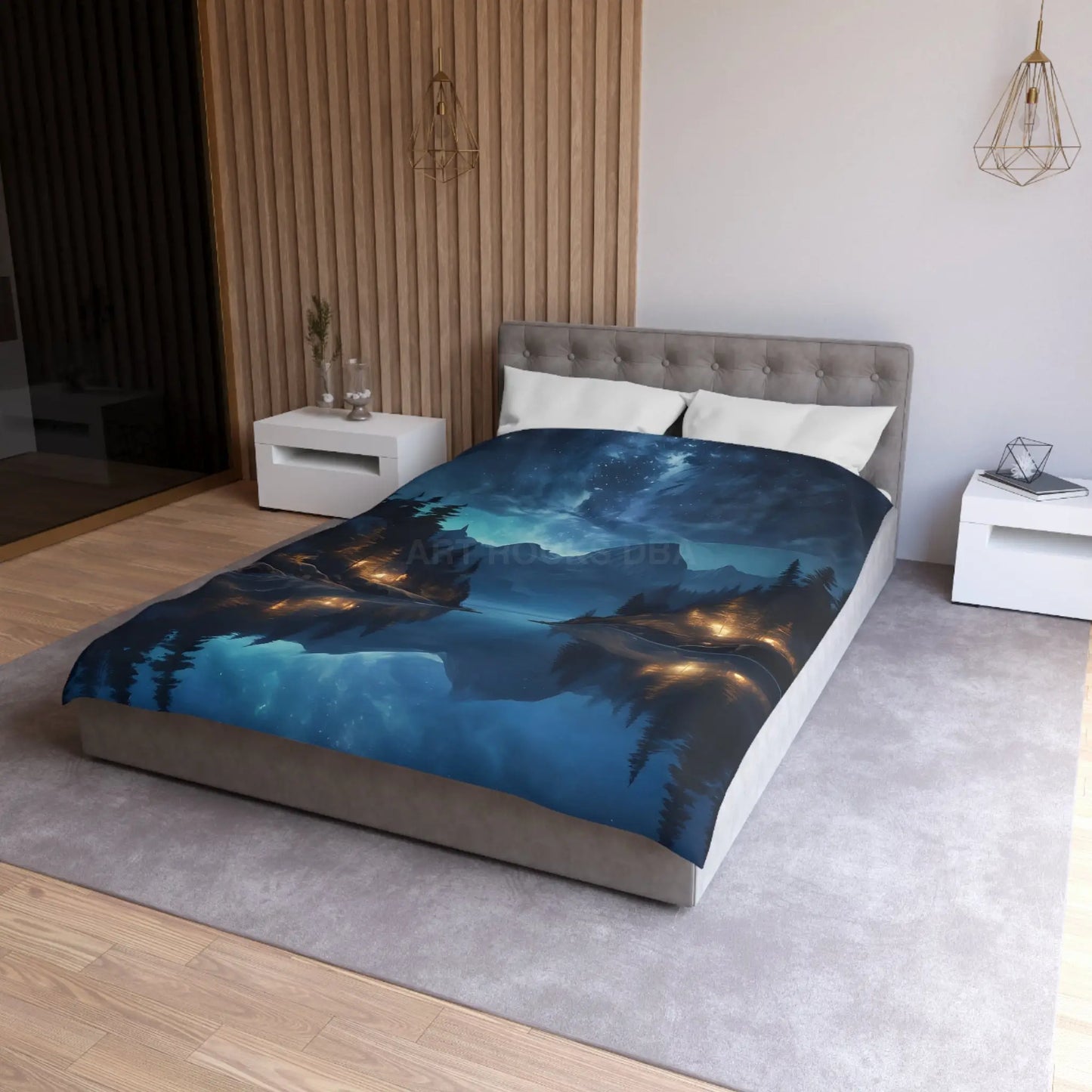 Camping Under the Night Sky Lake Reflection Microfiber Duvet Cover - Cozy Night Sky Design - Home Decor