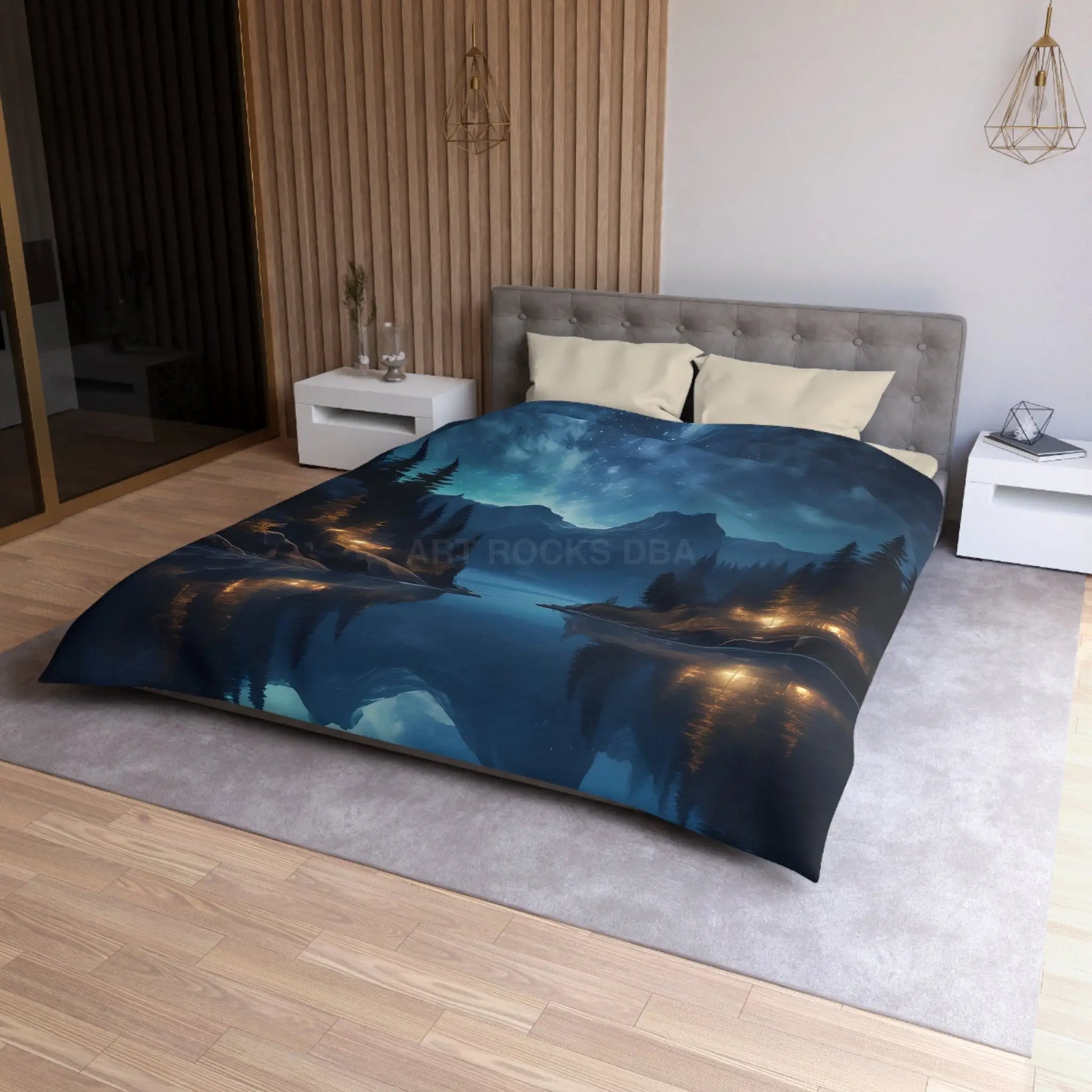 Camping Under the Night Sky Lake Reflection Microfiber Duvet Cover - Cozy Night Sky Design - Home Decor
