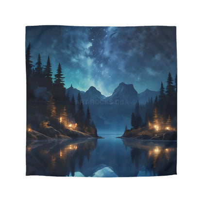 Camping Under the Night Sky Lake Reflection Microfiber Duvet Cover - Cozy Night Sky Design - Queen / White - Home Decor