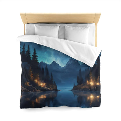 Camping Under the Night Sky Lake Reflection Microfiber Duvet Cover - Cozy Night Sky Design - Home Decor
