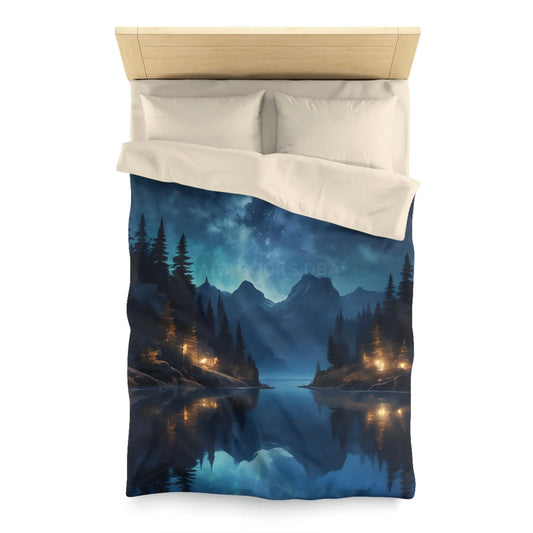 Camping Under the Night Sky Lake Reflection Microfiber Duvet Cover - Cozy Night Sky Design - Twin / Cream - Home Decor