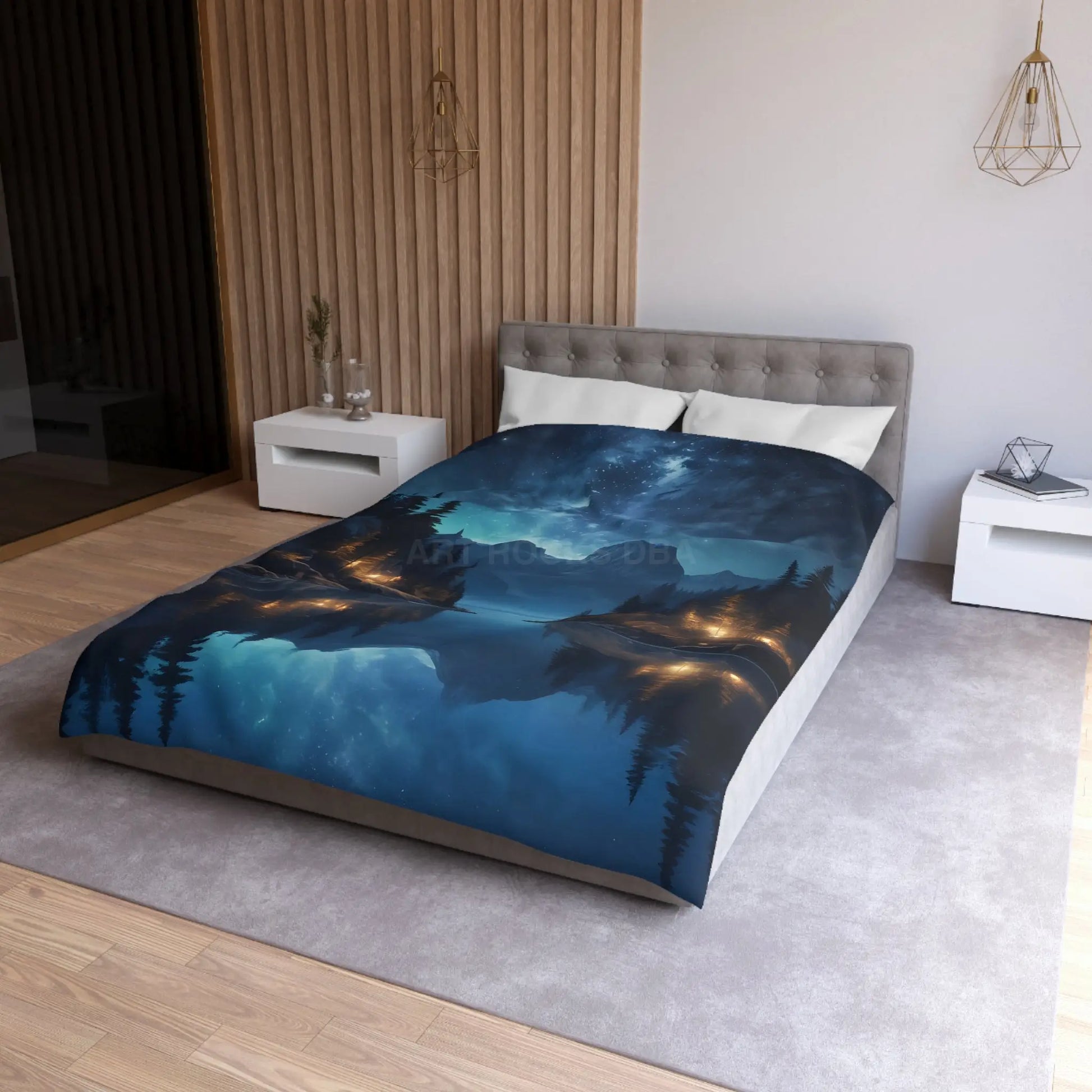 Camping Under the Night Sky Lake Reflection Microfiber Duvet Cover - Cozy Night Sky Design - Home Decor