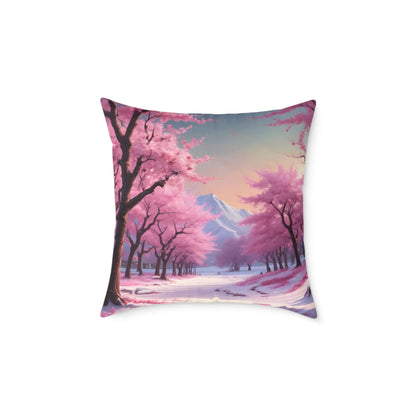 Canvas Pillow - Cherry Blossom Tree Full Bloom in Peaceful Snowy Mountains - 20’’ × 20’’ - Home Decor