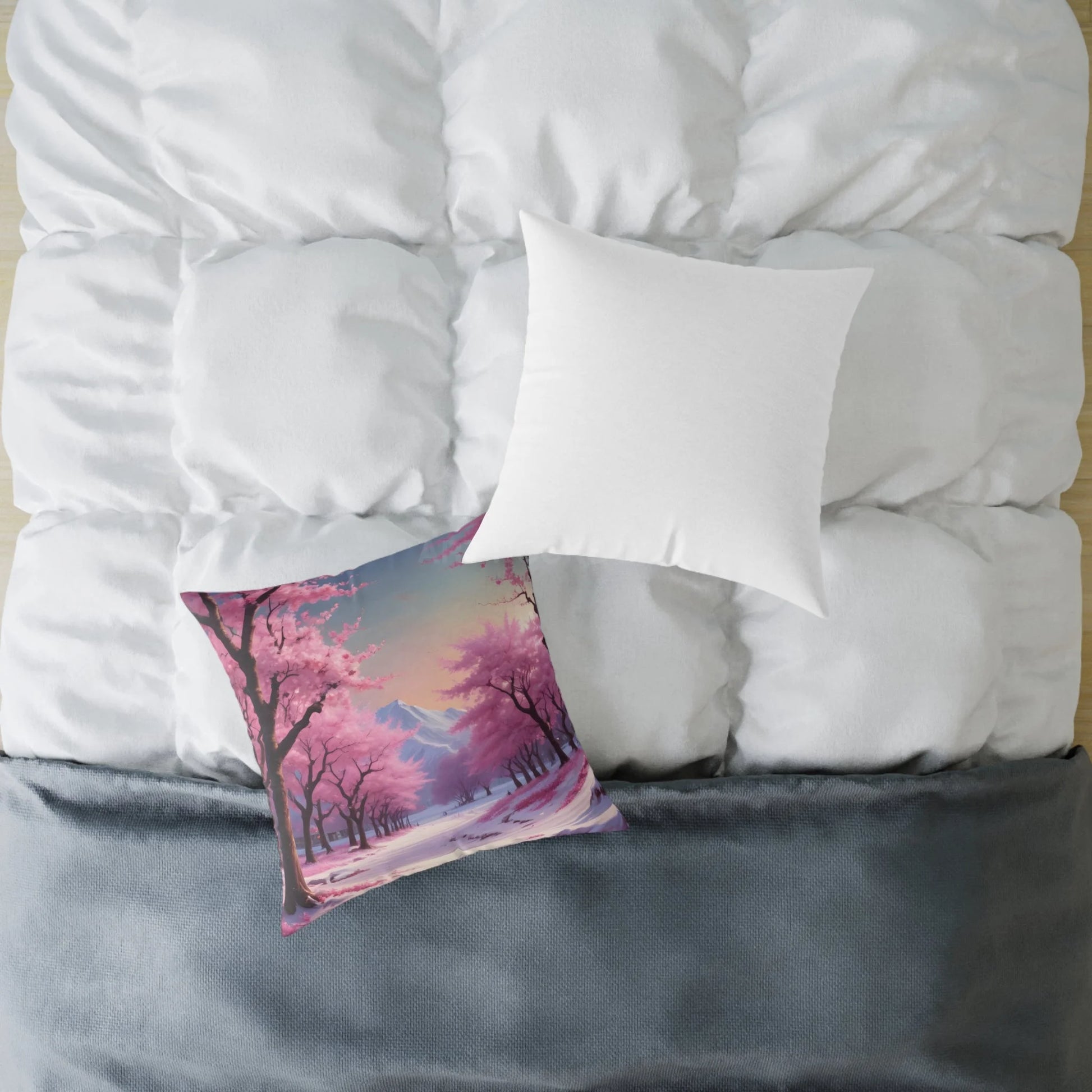 Canvas Pillow - Cherry Blossom Tree Full Bloom in Peaceful Snowy Mountains - Home Decor
