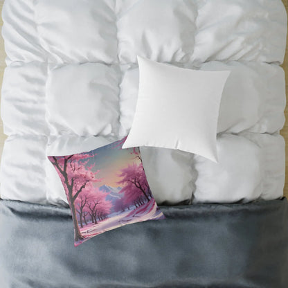 Canvas Pillow - Cherry Blossom Tree Full Bloom in Peaceful Snowy Mountains - Home Decor
