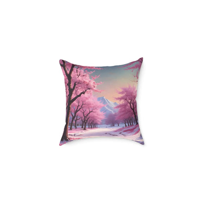 Canvas Pillow - Cherry Blossom Tree Full Bloom in Peaceful Snowy Mountains - 16’’ × 16’’ - Home Decor