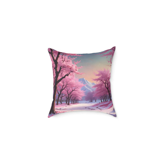 Canvas Pillow - Cherry Blossom Tree Full Bloom in Peaceful Snowy Mountains - 16’’ × 16’’ - Home Decor