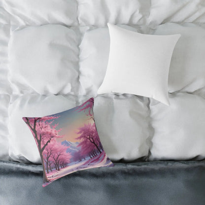 Canvas Pillow - Cherry Blossom Tree Full Bloom in Peaceful Snowy Mountains - Home Decor