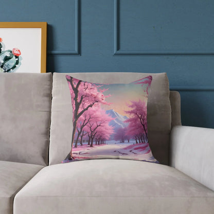 Canvas Pillow - Cherry Blossom Tree Full Bloom in Peaceful Snowy Mountains - Home Decor