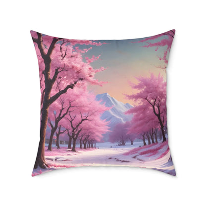Canvas Pillow - Cherry Blossom Tree Full Bloom in Peaceful Snowy Mountains - 26’’ × 26’’ - Home Decor
