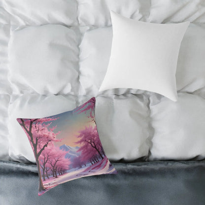 Canvas Pillow - Cherry Blossom Tree Full Bloom in Peaceful Snowy Mountains - Home Decor