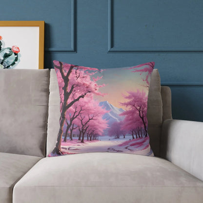 Canvas Pillow - Cherry Blossom Tree Full Bloom in Peaceful Snowy Mountains - Home Decor