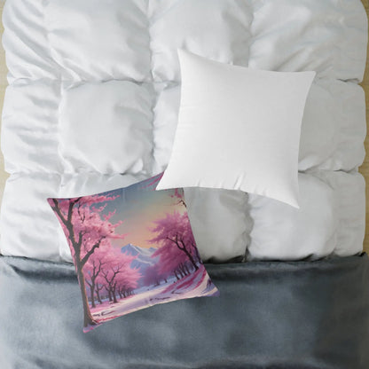 Canvas Pillow - Cherry Blossom Tree Full Bloom in Peaceful Snowy Mountains - Home Decor