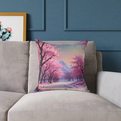 Canvas Pillow - Cherry Blossom Tree Full Bloom in Peaceful Snowy Mountains - Home Decor