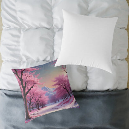 Canvas Pillow - Cherry Blossom Tree Full Bloom in Peaceful Snowy Mountains - Home Decor