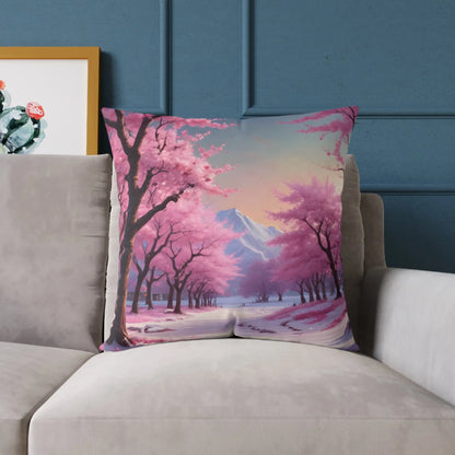 Canvas Pillow - Cherry Blossom Tree Full Bloom in Peaceful Snowy Mountains - Home Decor