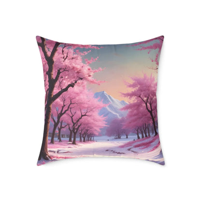 Canvas Pillow - Cherry Blossom Tree Full Bloom in Peaceful Snowy Mountains - 24’’ × 24’’ - Home Decor