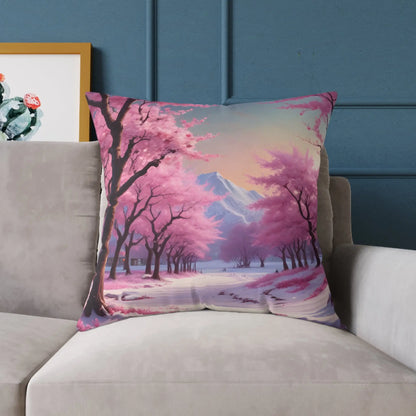 Canvas Pillow - Cherry Blossom Tree Full Bloom in Peaceful Snowy Mountains - Home Decor