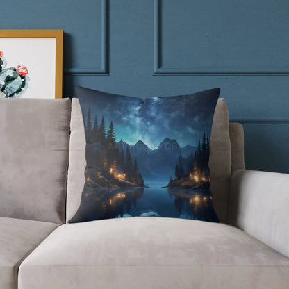 Canvas Pillow - Peaceful Lake at Night Under the Stars with Campers Enjoying Their Stay - Home Decor