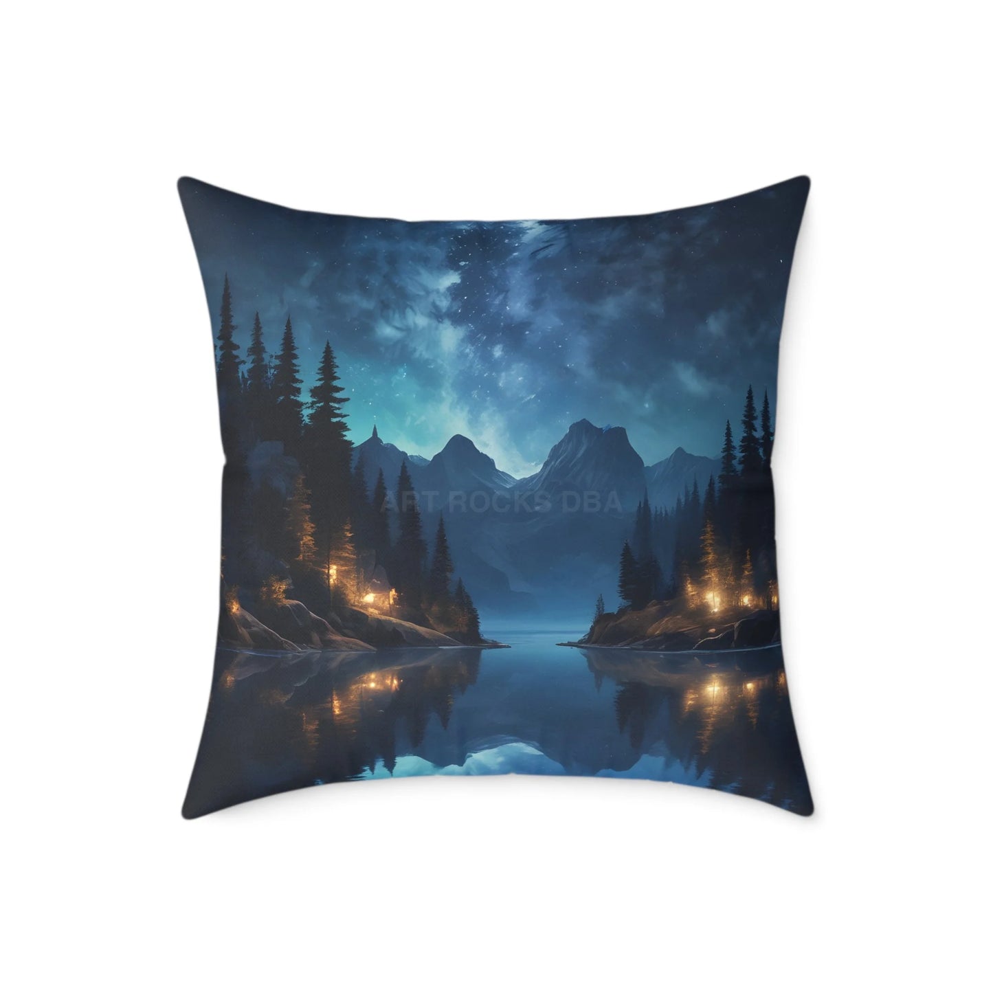 Canvas Pillow - Peaceful Lake at Night Under the Stars with Campers Enjoying Their Stay - 24’’ × 24’’ - Home Decor