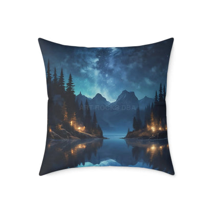 Canvas Pillow - Peaceful Lake at Night Under the Stars with Campers Enjoying Their Stay - 24’’ × 24’’ - Home Decor