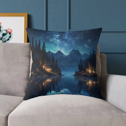 Canvas Pillow - Peaceful Lake at Night Under the Stars with Campers Enjoying Their Stay - Home Decor