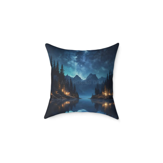 Canvas Pillow - Peaceful Lake at Night Under the Stars with Campers Enjoying Their Stay - 18’’ × 18’’ - Home Decor