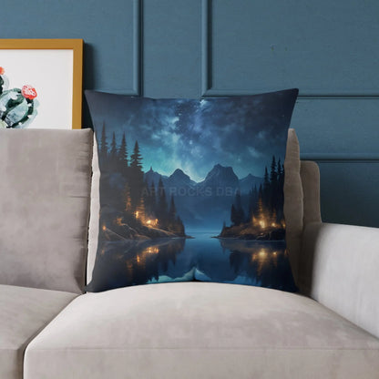Canvas Pillow - Peaceful Lake at Night Under the Stars with Campers Enjoying Their Stay - Home Decor