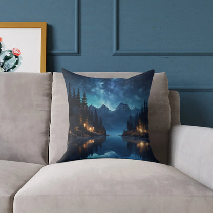 Canvas Pillow - Peaceful Lake at Night Under the Stars with Campers Enjoying Their Stay - Home Decor