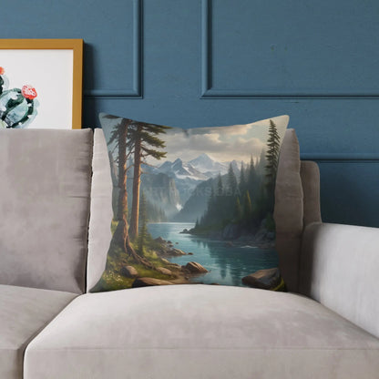 Canvas Pillow - Peaceful River Flowing Through the Pine Trees From The Mountains Above - Home Decor